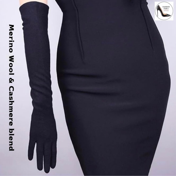 Long Cashmere Merino Wool Glove Classical Black Opera Driving Winter Warm Gloves - Picture 4 of 8
